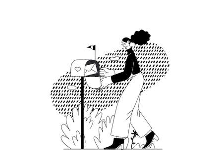 You have a message - Online shopping and electronic commerce series - modern flat vector concept illustration of woman getting letter from postbox. Promotion, discounts, sale and online orders conceptのイラスト素材