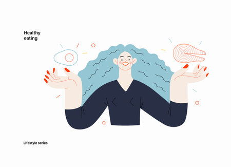Lifestyle series - Healthy eating - modern flat vector illustration of a woman practicing healthy balanced diet holding salmon and avocado. People activities conceptのイラスト素材
