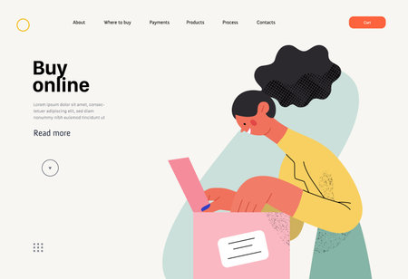 Buy online - Online shopping and electronic commerce web template - modern flat vector concept illustration of a woman unpacking a parcel box. Delivery, discounts, sale and online orders conceptのイラスト素材