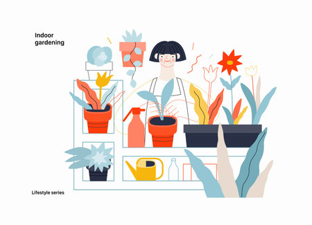 Lifestyle series - Indoor gardening - modern flat vector illustration of a woman gardening at home - planting and watering. People activities conceptのイラスト素材