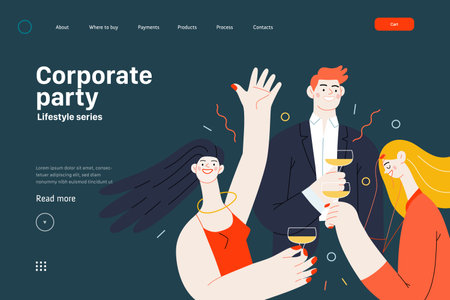 Lifestyle website template - Corporate party - modern flat vector illustration of business people entertaining in the office at corporate, drinking champagne. People activities conceptのイラスト素材