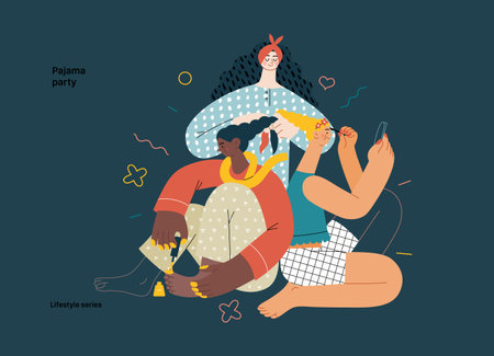 Lifestyle series - Pajama party - modern flat vector illustration of female friends wearing pajamas amusing themselves together, wearing makeup, doing hair, painting toenails People activities conceptのイラスト素材