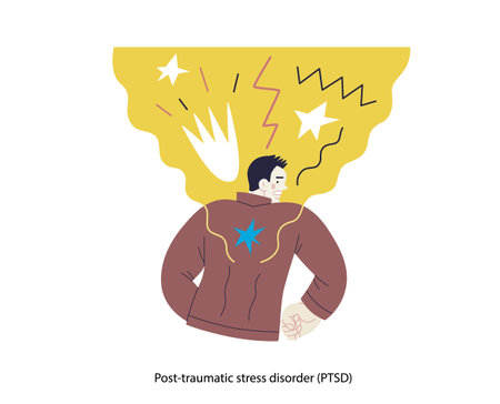 Mental disorders illustration. PTSD - modern flat vector illustration of a man meeting with traumatic stress experience - burst, explosion. People emotional, psychological, mental traumas conceptのイラスト素材