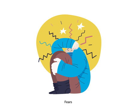 Mental disorders illustration. Fears- modern flat vector illustration of woman dreading nervous, bracing herself meeting with stress experience. People emotional, psychological, mental traumas conceptのイラスト素材