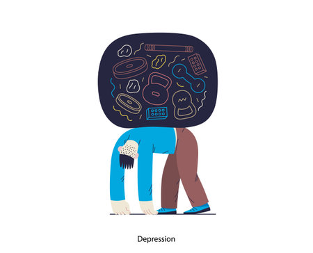Mental disorders illustration. Depression - modern flat vector illustration of tired man suffering under the weight of problems and obligations. People emotional, psychological, mental traumas conceptのイラスト素材