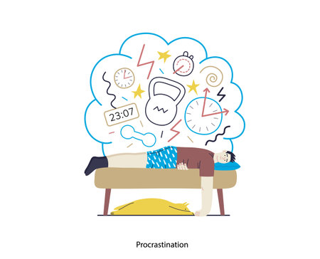 Mental disorders illustration. Procrastination - modern flat vector illustration of man suffering under the weight of problems and obligations. People emotional, psychological, mental traumas conceptのイラスト素材
