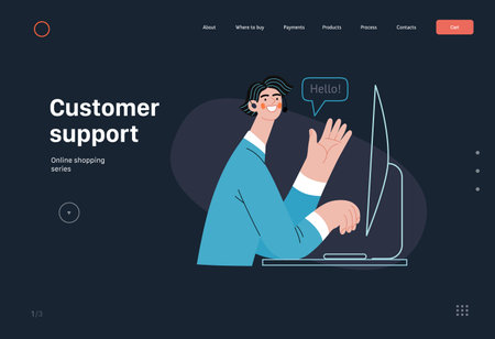 Customer support - Online shopping and electronic commerce series - modern flat vector concept illustration of a male operator greeting a client. Promotion, discounts, sale and online orders conceptのイラスト素材