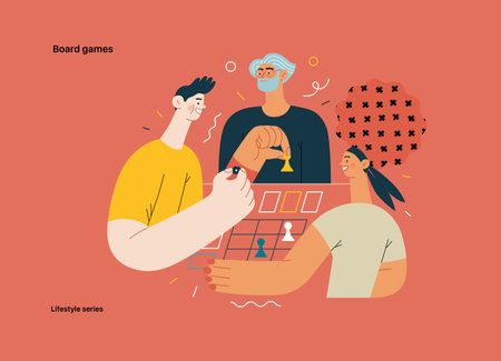 Lifestyle series - Board games - modern flat vector illustration of people playing a board card game with a dice. People activities conceptのイラスト素材