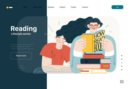 Lifestyle web template - Reading - modern flat vector illustration of a man and a woman reading the books. People activities conceptのイラスト素材