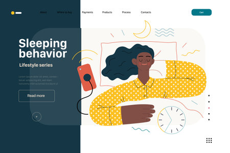 Lifestyle web template -Sleeping behaviour -modern flat vector illustration of woman sleeping in her bed showing the benefits of good sleeping habit, eight hours normal sleep People activities conceptのイラスト素材