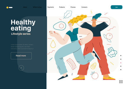 Lifestyle web template - Healthy eating - modern flat vector illustration of a woman and a man practicing healthy balanced diet. People activities conceptのイラスト素材