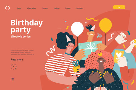 Lifestyle web template - Birthday party - modern flat vector illustration of men and women celebrating birthday, giving presents. People activities conceptのイラスト素材