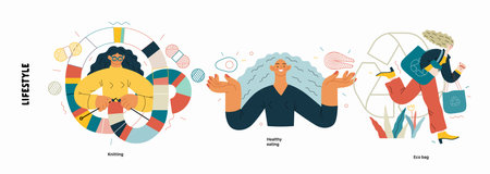 Lifestyle series - modern flat vector illustration of Healthy eating, eco bag, Knitting. People activities methapors and hobbies conceptのイラスト素材