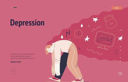 Mental disorders web template. Depression - modern flat vector illustration of tired man suffering under the weight of problems and obligations. People emotional, psychological, mental traumas conceptのイラスト素材