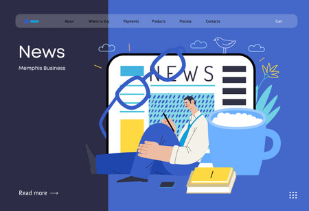 Memphis business illustration. News -modern flat vector concept illustration of a man reading news on various medium and tablet screen, glasses, coffee. Corporate business morning news metaphor.のイラスト素材