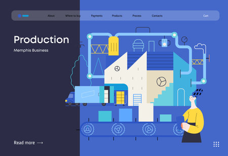 Memphis business illustration. Production -modern flat vector concept illustration of a big factory, warehouse, loading the track, a woman inventorying production. Corporate process metaphor.のイラスト素材
