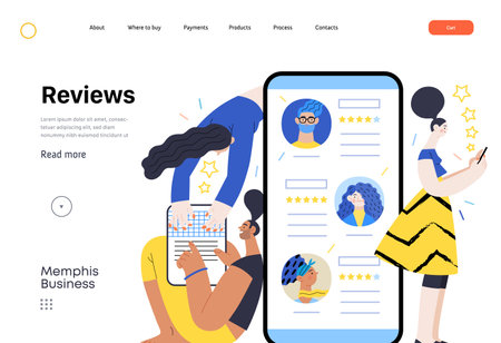 Memphis business illustration. Reviews -modern flat vector concept illustration of people rating articles and writing reviews. Corporate business reputation metaphor.のイラスト素材
