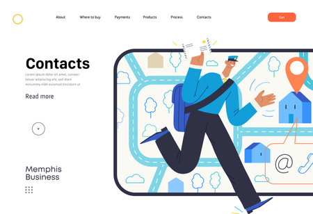 Memphis business illustration. Contacts -modern flat vector concept illustration of a postman running with a letter, tablet screen, map, location bubble, email, phone Commerce business sales metaphor.のイラスト素材