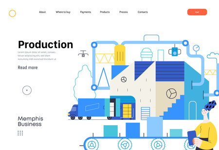Memphis business illustration. Production -modern flat vector concept illustration of a big factory, warehouse, loading the track, a woman inventorying production. Corporate process metaphor.のイラスト素材