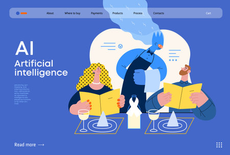 Artificial intelligence, Waiter -modern flat vector concept illustration of waiter AI taking order, giving advice on choosing in restaurant. Metaphor of AI advantage, superiority and dominance conceptのイラスト素材