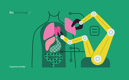 Bio Technology, Organism Builder -modern flat vector concept illustration of robot assembling organism using blocks, parts representing organ systems. Metaphor of regenerative medicine and 3D printingのイラスト素材