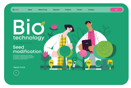 Bio Technology, Seed Modification -modern flat vector concept illustration of scientists analysing genetic modificated variants of a plant. Metaphor of direct impact of GMO on vegetationのイラスト素材