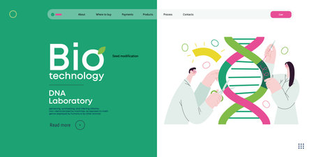 Bio Technology, DNA Laboratory -modern vector concept illustration of scientists dissecting DNA double helix, manipulating and rearranging fragments. Metaphor of advancements in agriculture, medicineのイラスト素材