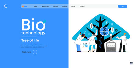 Bio Technology, Tree of life - modern flat vector concept illustration of scientists observing the tree, whose leaves represent various types of DNA. Metaphor of genetic research and diversity of lifeのイラスト素材