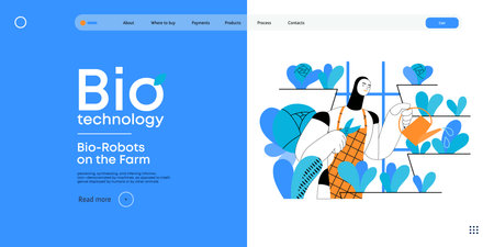 Bio Technology, Robot on farm -modern flat vector concept illustration of bio-robot engaged in agricultural activities. Metaphor of robotics and biotechnology integration, efficiency, sustainabilityのイラスト素材