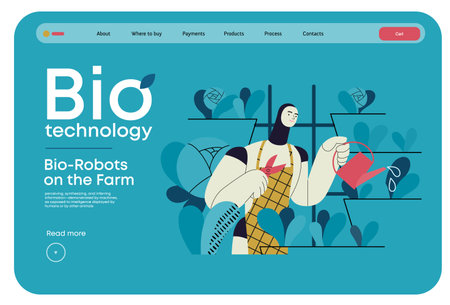 Bio Technology, Robot on farm -modern flat vector concept illustration of bio-robot engaged in agricultural activities. Metaphor of robotics and biotechnology integration, efficiency, sustainabilityのイラスト素材
