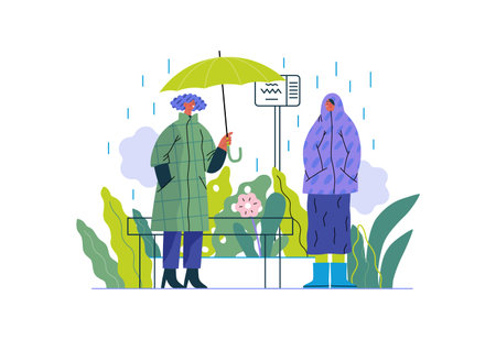 Mutual Support: Offer an umbrella to a stranger -modern flat vector concept illustration of a at a bus stop in the rain offering an umbrella A metaphor of voluntary, collaborative exchangesのイラスト素材