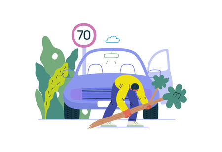 Mutual Support: Clearing an obstacle from the way -modern flat vector concept illustration of a man removing a fallen branch from the road A metaphor of voluntary, collaborative exchanges of servicesのイラスト素材