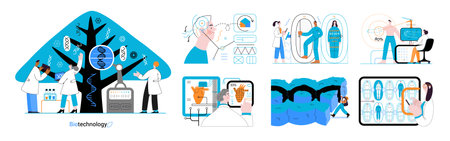 Bio Technology -modern flat vector concept illustration of improving aspects of healthcare, agriculture, environmental sustainability, industrial processes. Metaphor of bridging Science and Natureのイラスト素材