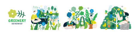 Greenery, ecology -modern flat vector concept illustration of people and plants. Metaphor of environmental sustainability and protection, closeness to nature, green life, ecosystem and biosphereのイラスト素材