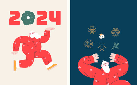 Christmas postcards with Santa Claus - modern flat vector concept illustrations of the Christmas and New Year symbols, vertical postcards setのイラスト素材