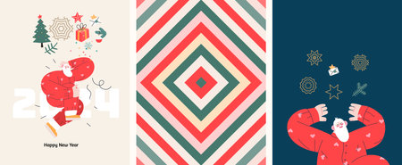 Christmas postcards with Santa Claus - modern flat vector concept illustrations of the Christmas and New Year symbols, vertical postcards setのイラスト素材