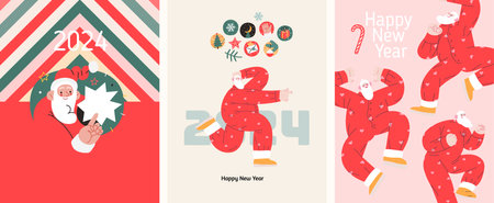 Christmas postcards with Santa Claus - modern flat vector concept illustrations of the Christmas and New Year symbols, vertical postcards setのイラスト素材