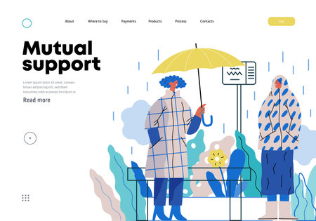 Mutual Support: Offer an umbrella to a stranger -modern flat vector concept illustration of a at a bus stop in the rain offering an umbrella A metaphor of voluntary, collaborative exchangesのイラスト素材