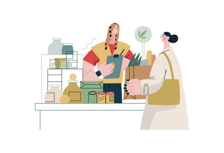 Mutual Support: Bringing groceries to food bank -modern flat vector concept illustration of people donating food to food pantry A metaphor of voluntary, collaborative exchanges of resource, servicesのイラスト素材