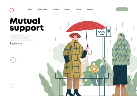 Mutual Support: Offer an umbrella to a stranger -modern flat vector concept illustration of a at a bus stop in the rain offering an umbrella A metaphor of voluntary, collaborative exchangesのイラスト素材