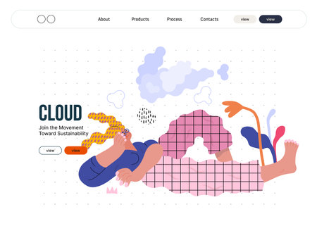 Life Unframed: Cloud dreamer -modern flat vector concept illustration of a girl watching clouds. Metaphor of unpredictability, imagination, whimsy, cycle of existence, play, growth and discoveryのイラスト素材