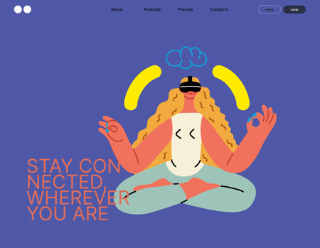 Creative workspace, modern flat vector concept illustration of a woman working sitting meditating with a computer Remote work, flexibility, independence, efficiency, mobility, synergy, freedomのイラスト素材