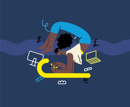 Creative workspace, modern flat vector concept illustration of a woman working standing in asana with a phone Remote work, flexibility, independence, efficiency, mobility, synergy, freedomのイラスト素材