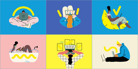 Creative workspace, modern flat vector concept illustration of a person working with a computer Remote work, flexibility, independence, efficiency, mobility, synergy, freedomのイラスト素材