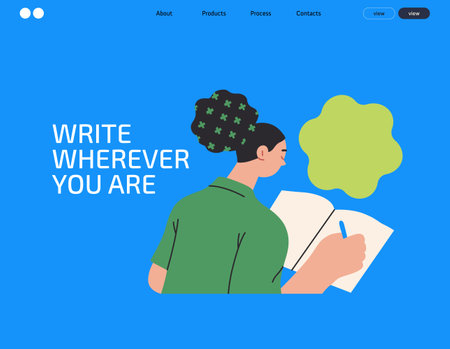Writing people, modern flat vector concept illustration- sitting woman thoughtfully writing on notebook, bubble near head Metaphor for reflection, personal insight, contemplation, creative expressionのイラスト素材