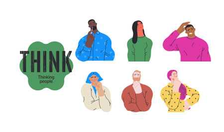 Thinking people, modern flat vector concept illustrations set- people standing thoughtfully. Metaphor for reflection, analysis, introspection, contemplation, deep thoughtのイラスト素材