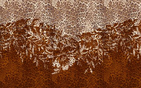 Texture of print fabric striped leopard, pions, leafs for backgroundの写真素材