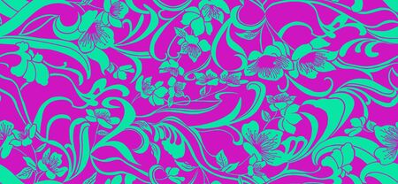 Seamless pattern. Green flowers on violet background.の写真素材