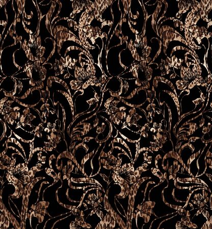 Leopard skin with flowers pattern. Seamless pattern.の写真素材