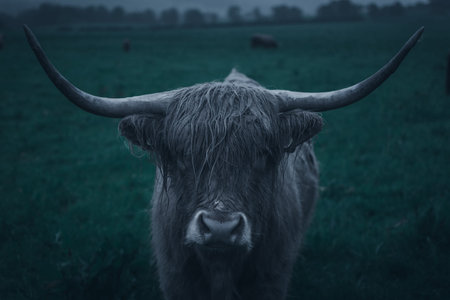 Scottish Highland Cow Grazing in Field Looking Moody.